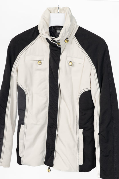Fendi White & Black Colourblock Hidden-Hood Zip Jacket