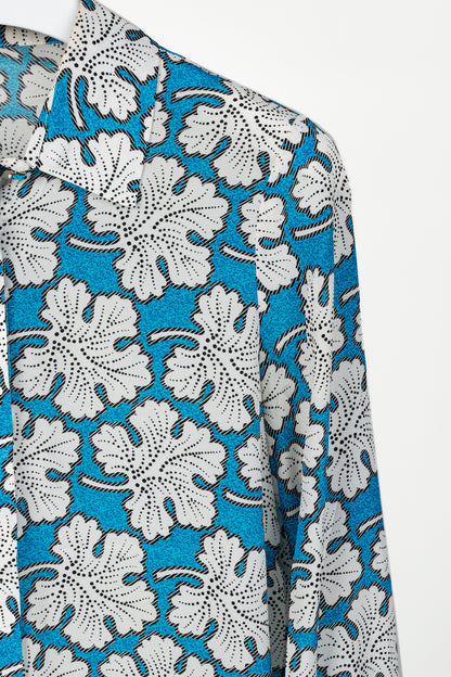 Fendi AW/17 Blue & White Leaf-Print Silk Shirtdress