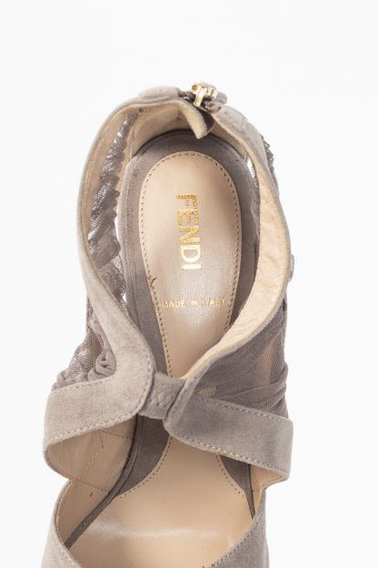 Fendi SS10 Taupe Suede Mesh-Cutout Platform Sandals