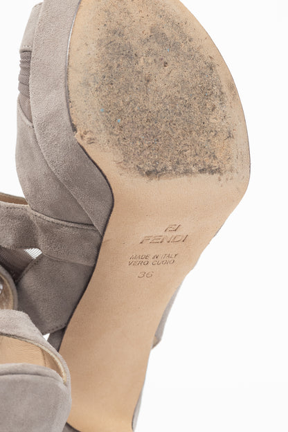Fendi SS10 Taupe Suede Mesh-Cutout Platform Sandals