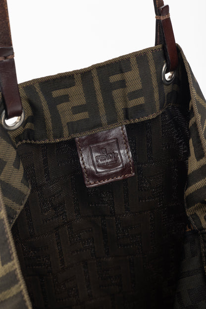 Fendi Khaki Zucca Canvas Leather-Trim Tote