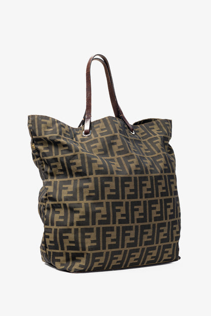 Fendi Khaki Zucca Canvas Leather-Trim Tote