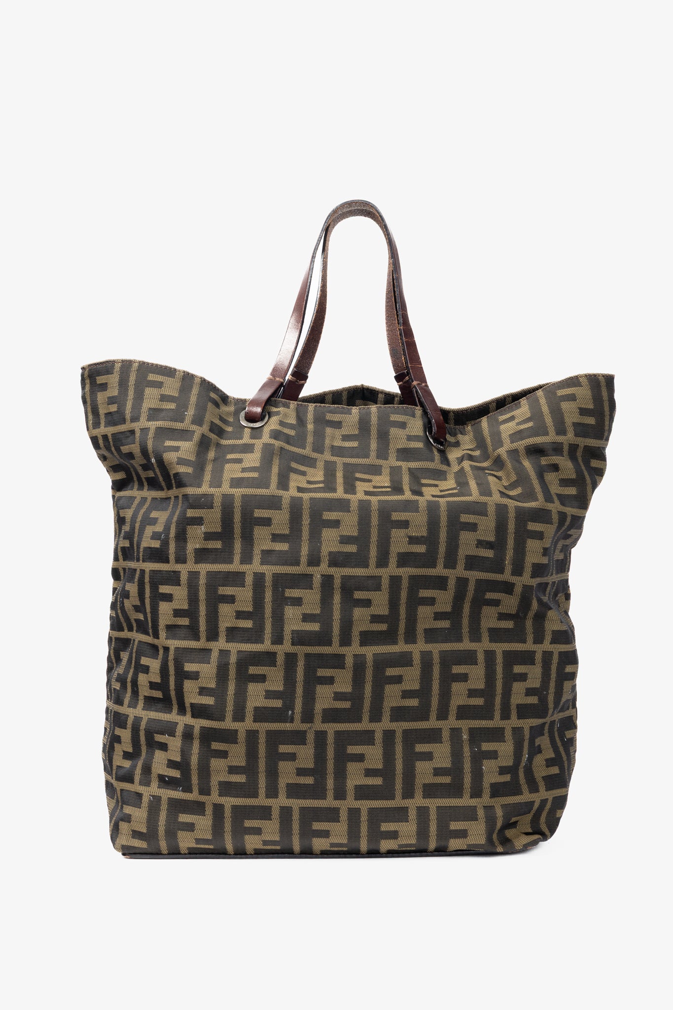 Fendi Khaki Zucca Canvas Leather-Trim Tote