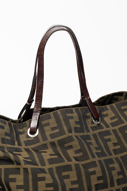 Fendi Khaki Zucca Canvas Leather-Trim Tote