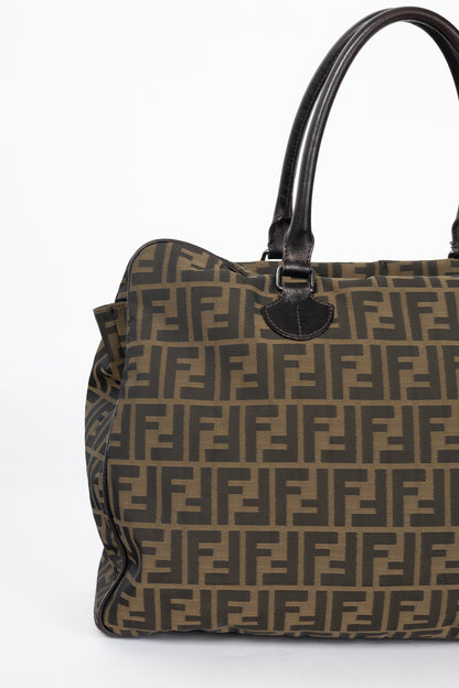 Fendi Khaki Zucca Leather-Trim Rectangular Tote