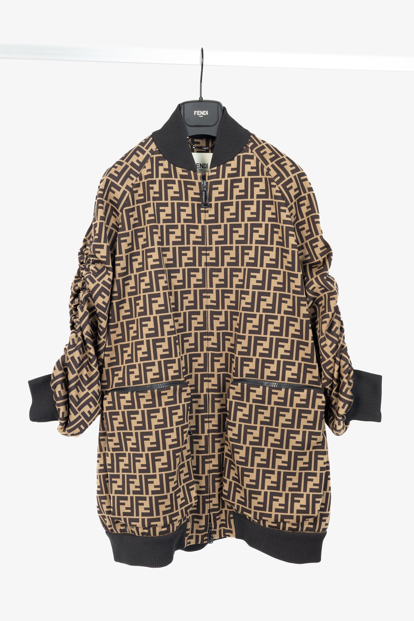 Fendi SS/19 "Mud & Dark Brown" FF-Motif Jersey Oversized Bomber Jacket
