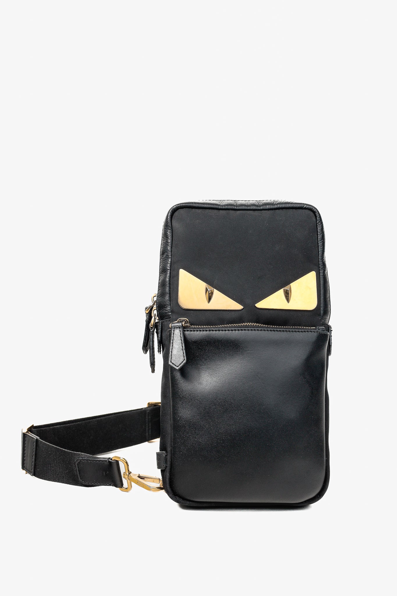 Fendi Monster Black Leather & Nylon Sling Bag