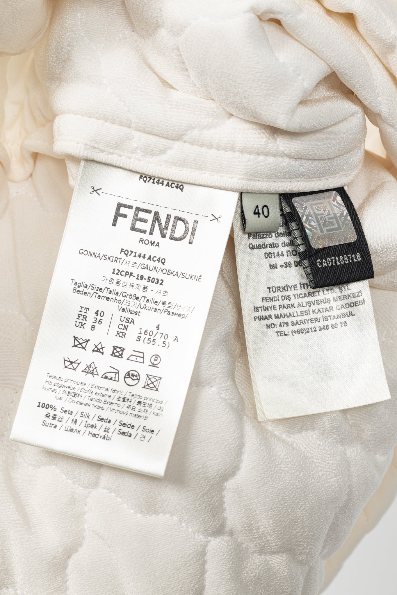Fendi SS20 Runway Ivory Quilted Silk Crepe de Chine Mini Skirt