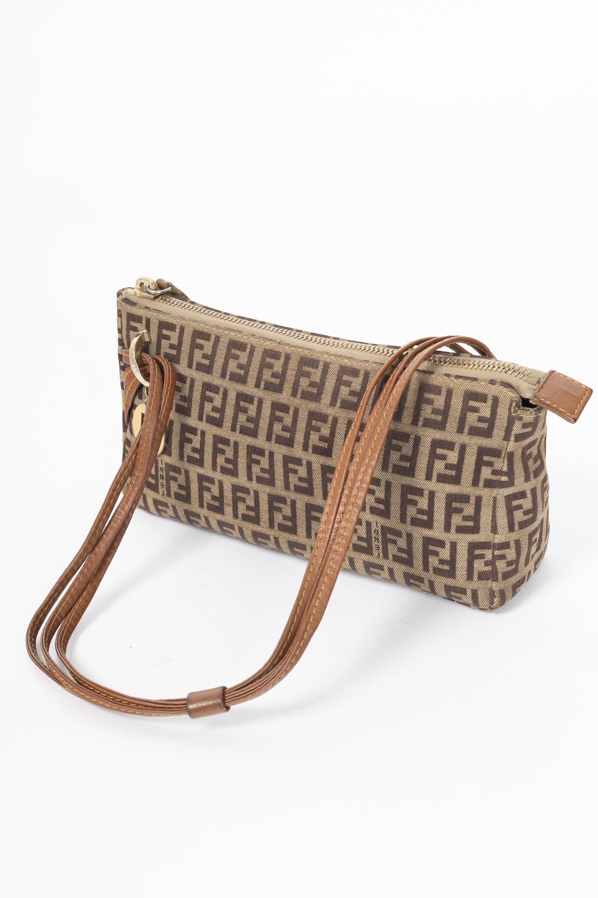 Fendi Beige Zucchino Monogram Canvas Leather-Trim Pochette