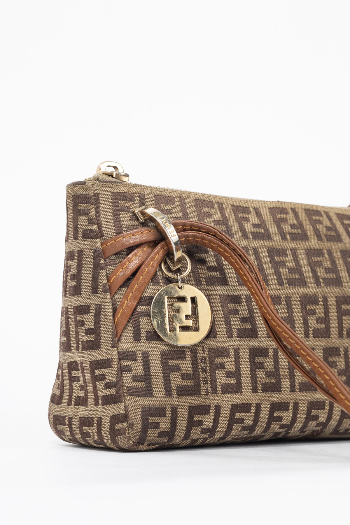 Fendi Beige Zucchino Monogram Canvas Leather-Trim Pochette