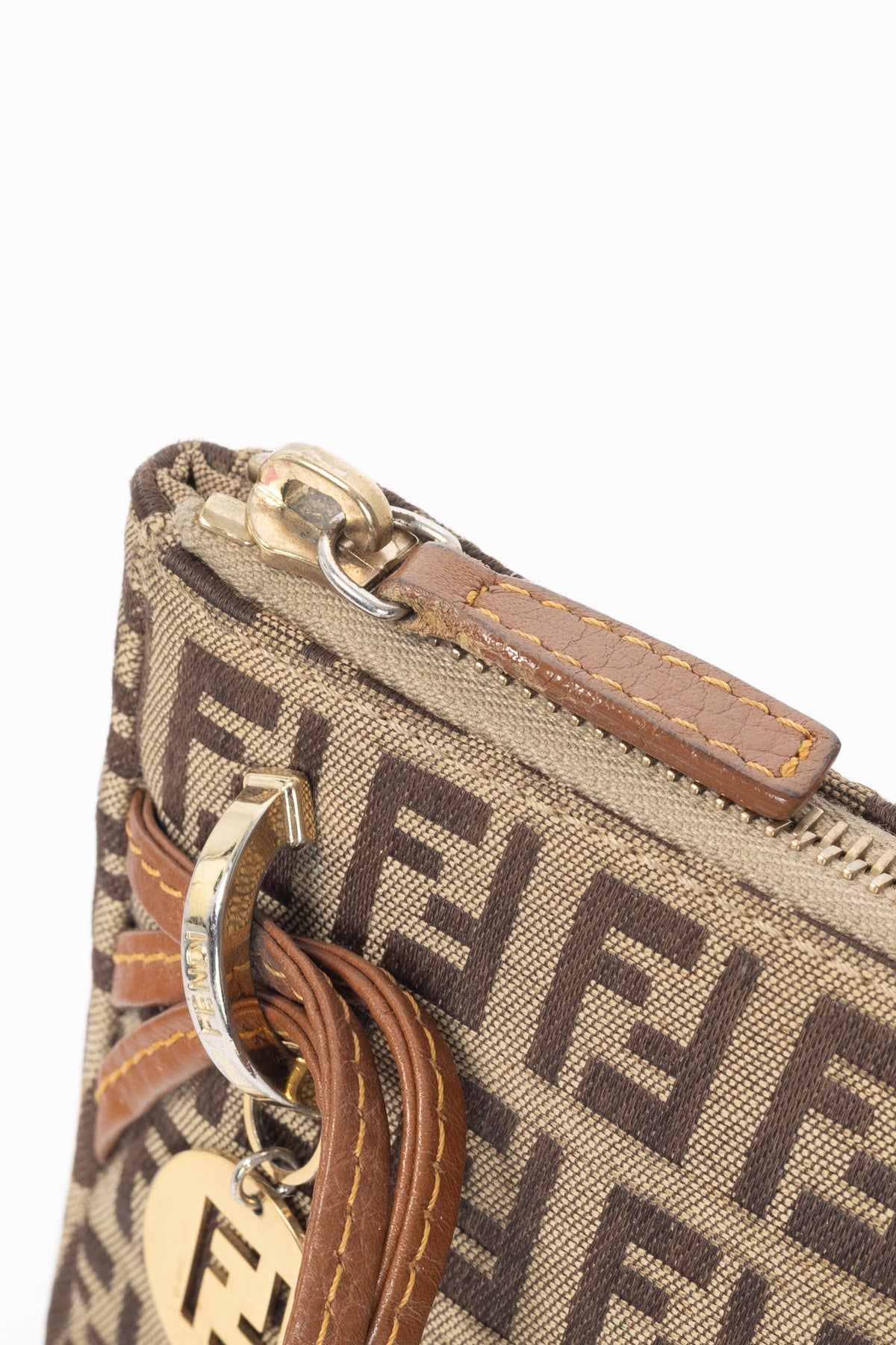 Fendi Beige Zucchino Monogram Canvas Leather-Trim Pochette