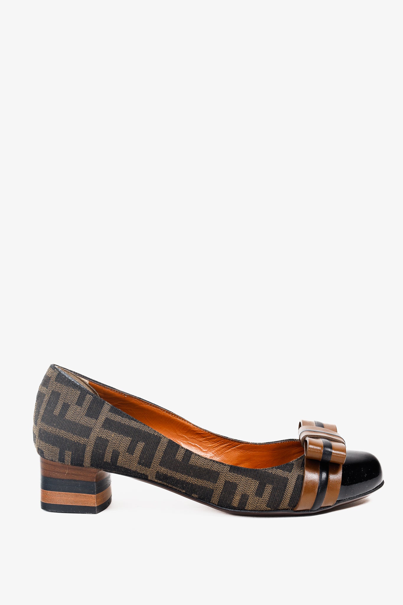 Fendi Brown Black Zucca Canvas Leather Bow Cap Toe Pumps