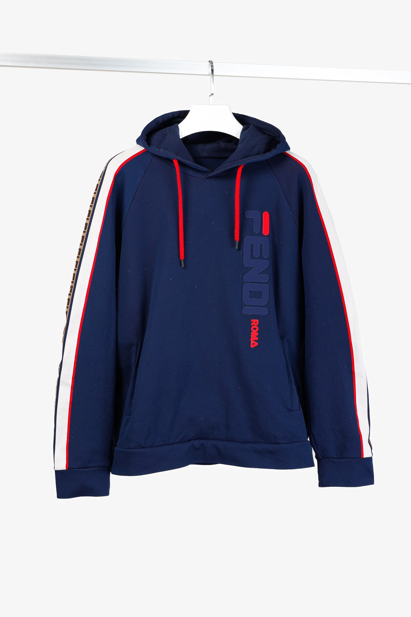 Fendi x Fila Navy Cotton-Blend Logo Stripe Pullover Hoodie