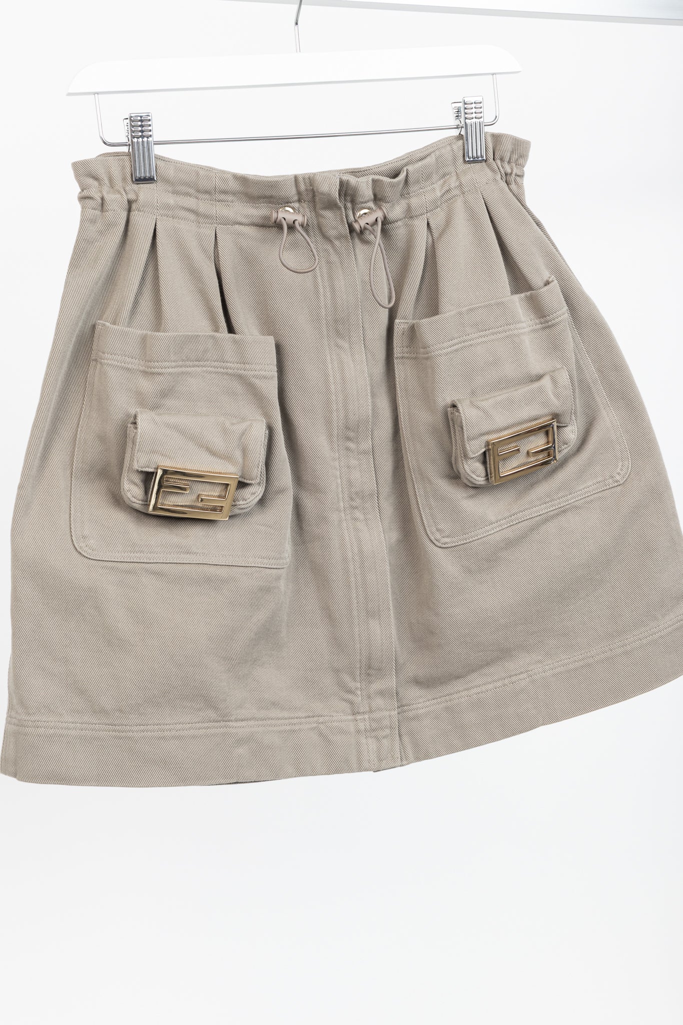 Fendi Resort 2023 Runway Baguette Taupe Cotton-Denim Cargo Mini Skirt