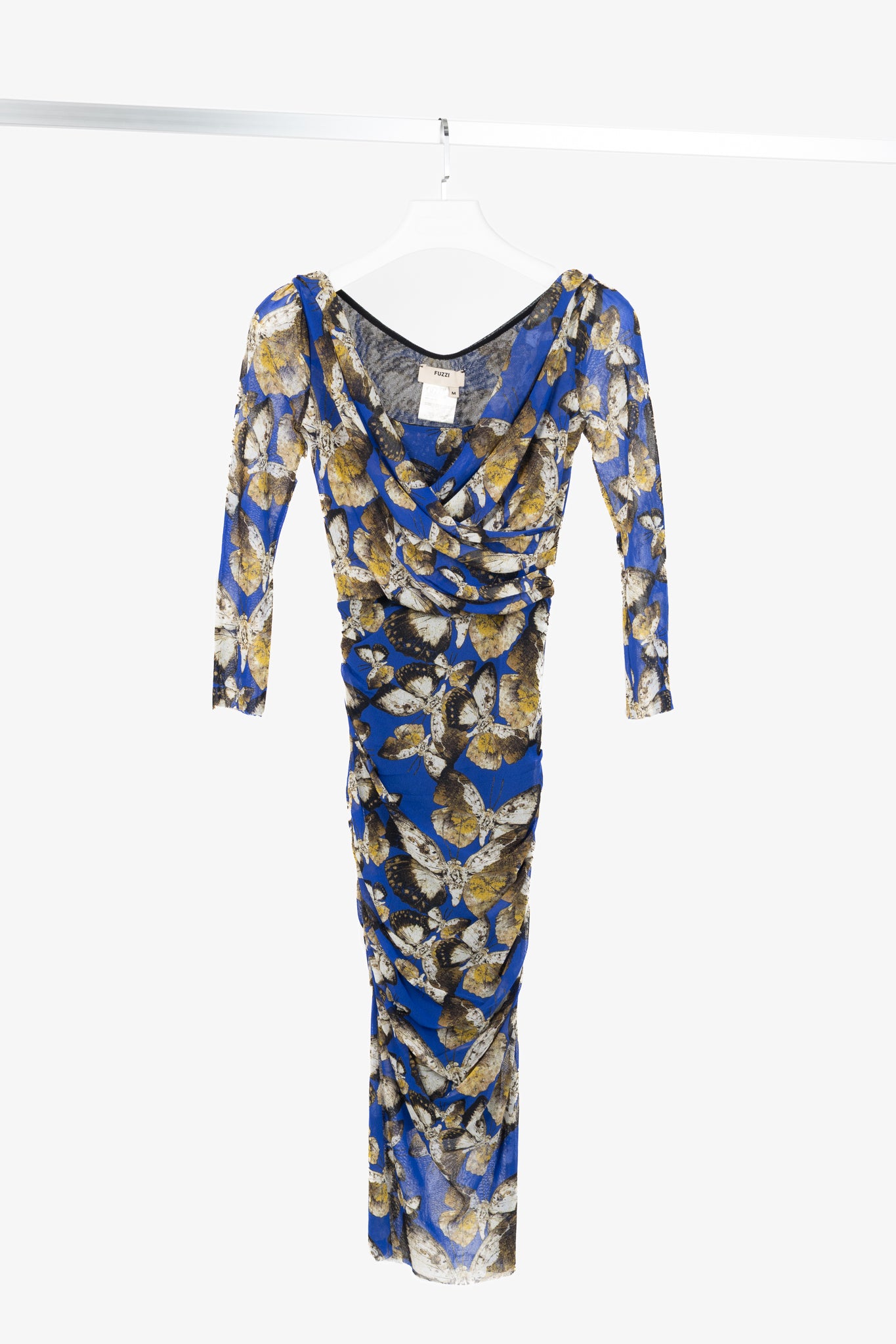 Fuzzi Blue Butterfly-Print Mesh Bodycon Dress