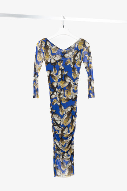 Fuzzi Blue Butterfly-Print Mesh Bodycon Dress