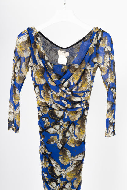 Fuzzi Blue Butterfly-Print Mesh Bodycon Dress