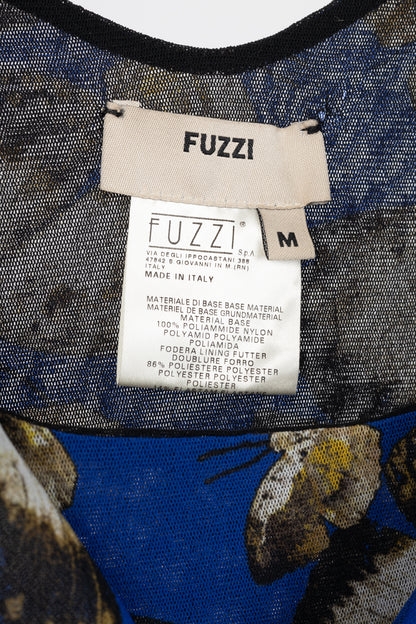 Fuzzi Blue Butterfly-Print Mesh Bodycon Dress