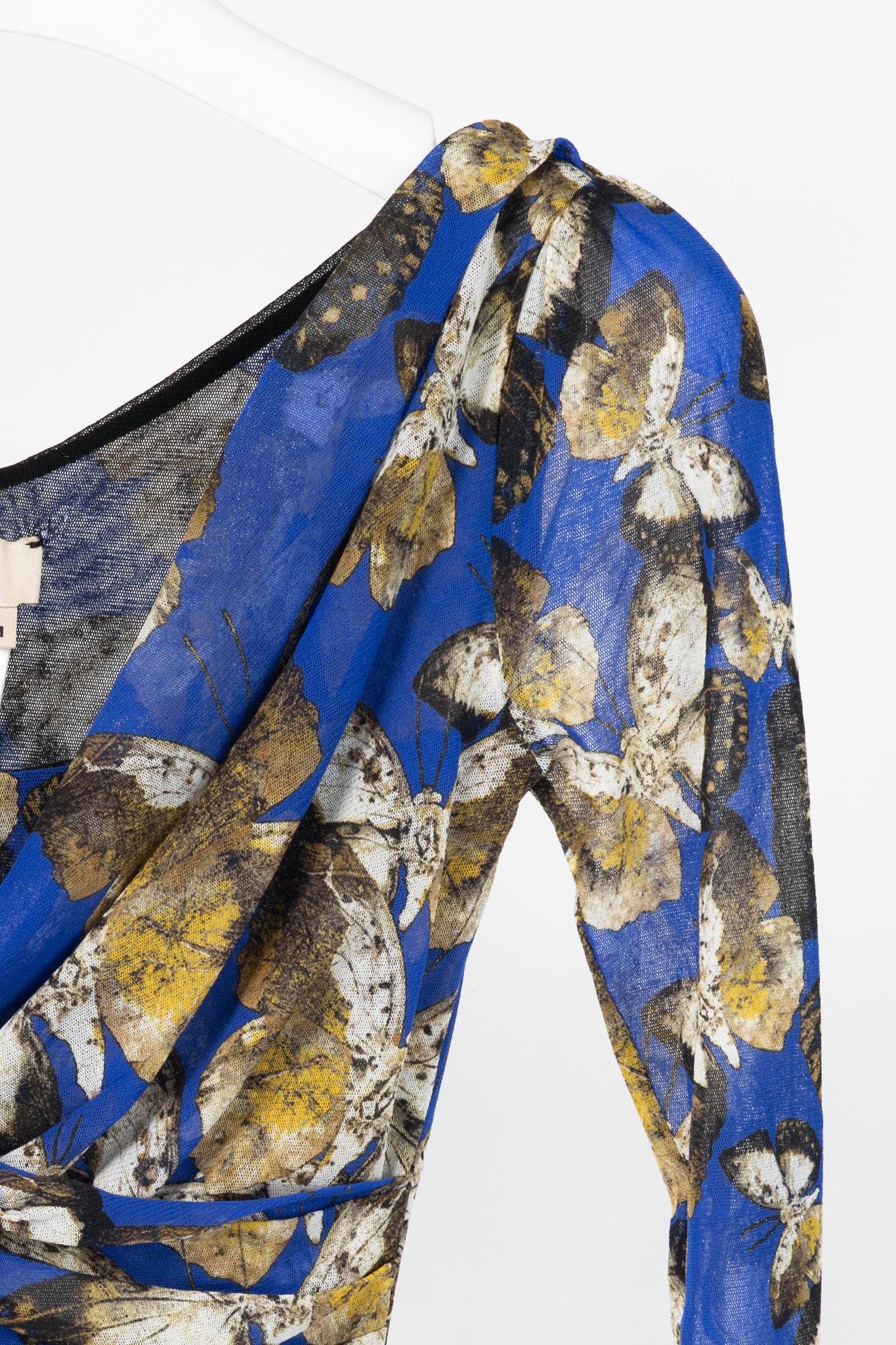 Fuzzi Blue Butterfly-Print Mesh Bodycon Dress