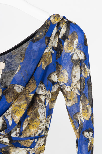 Fuzzi Blue Butterfly-Print Mesh Bodycon Dress