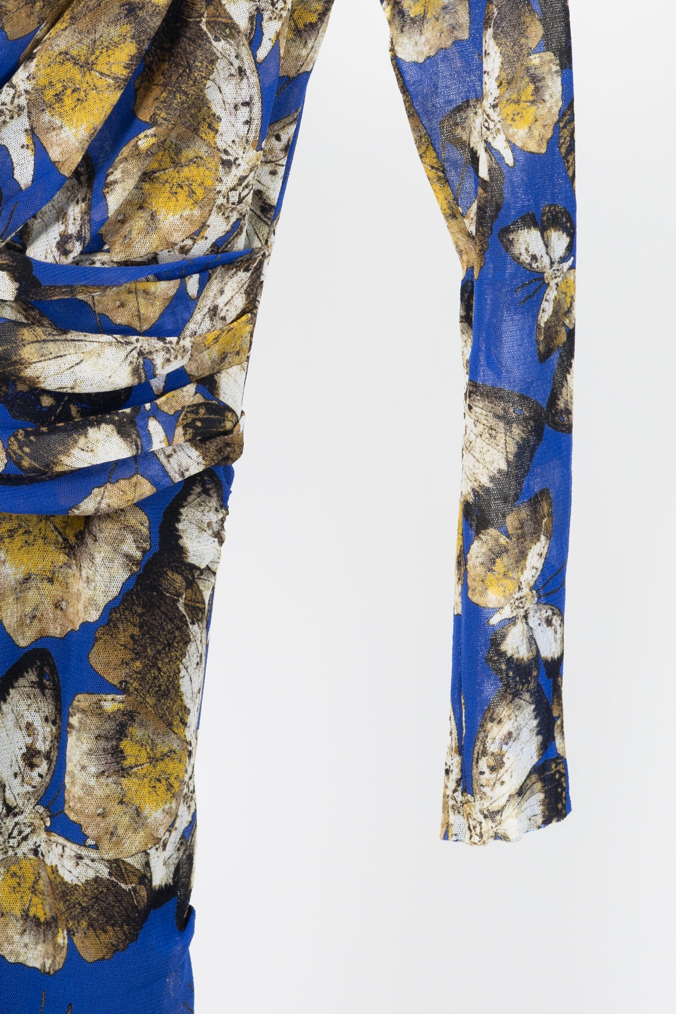 Fuzzi Blue Butterfly-Print Mesh Bodycon Dress