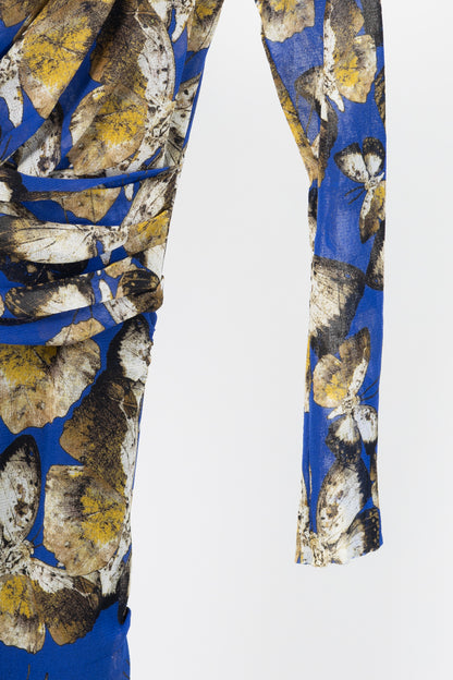 Fuzzi Blue Butterfly-Print Mesh Bodycon Dress