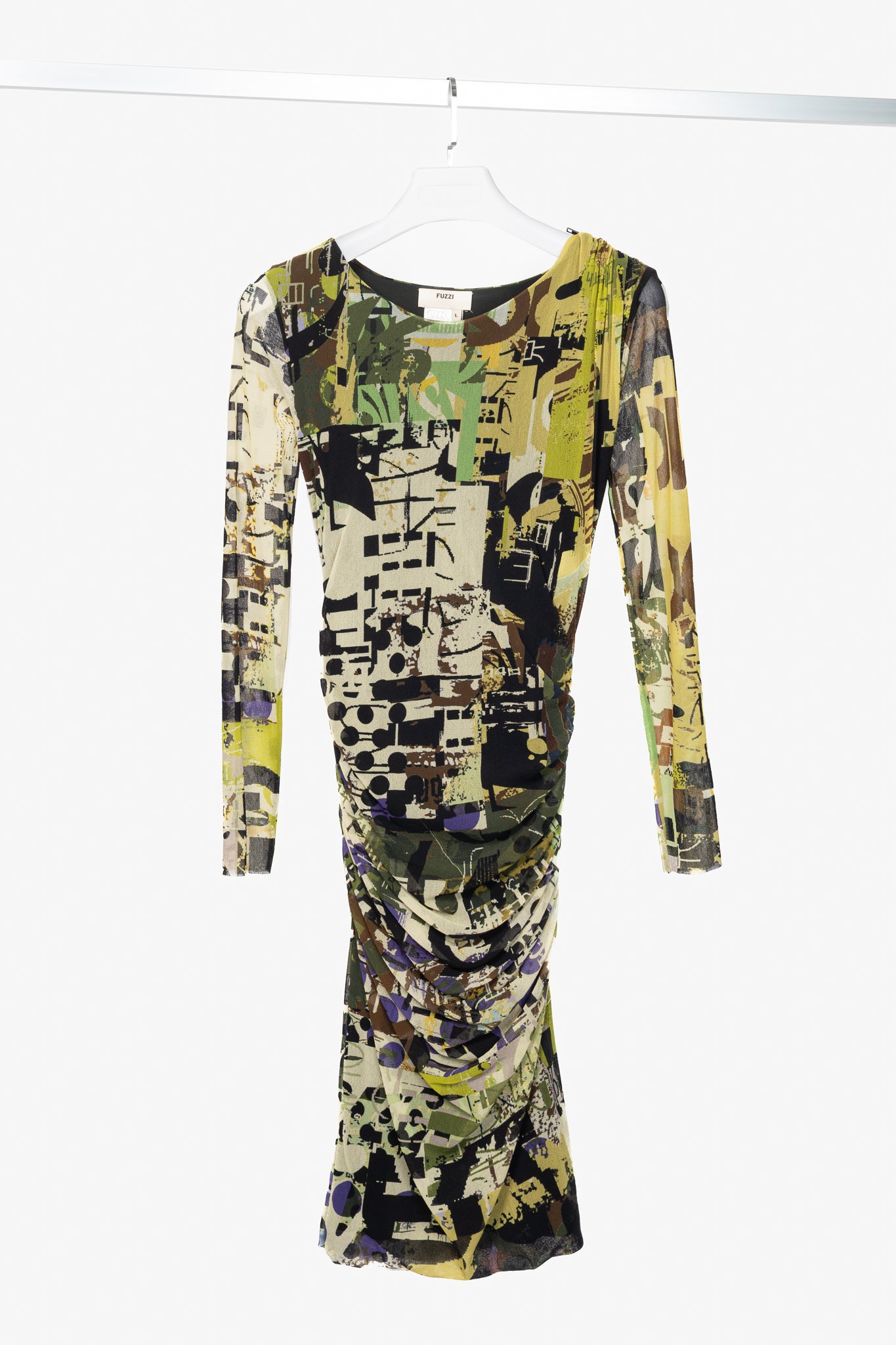 Fuzzi Green Abstract-Print Mesh Bodycon Midi Dress