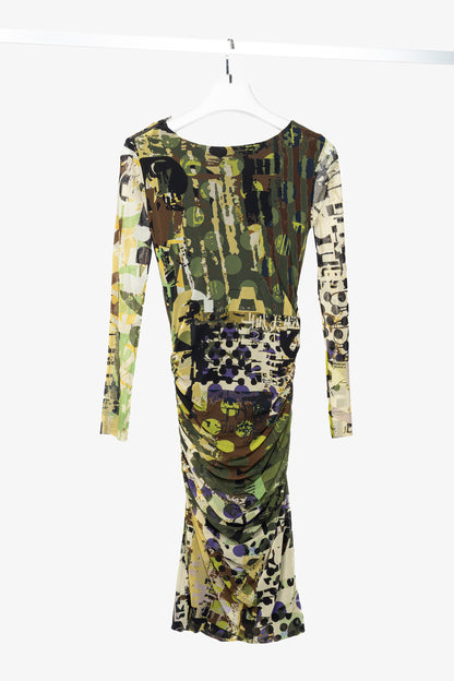 Fuzzi Green Abstract-Print Mesh Bodycon Midi Dress