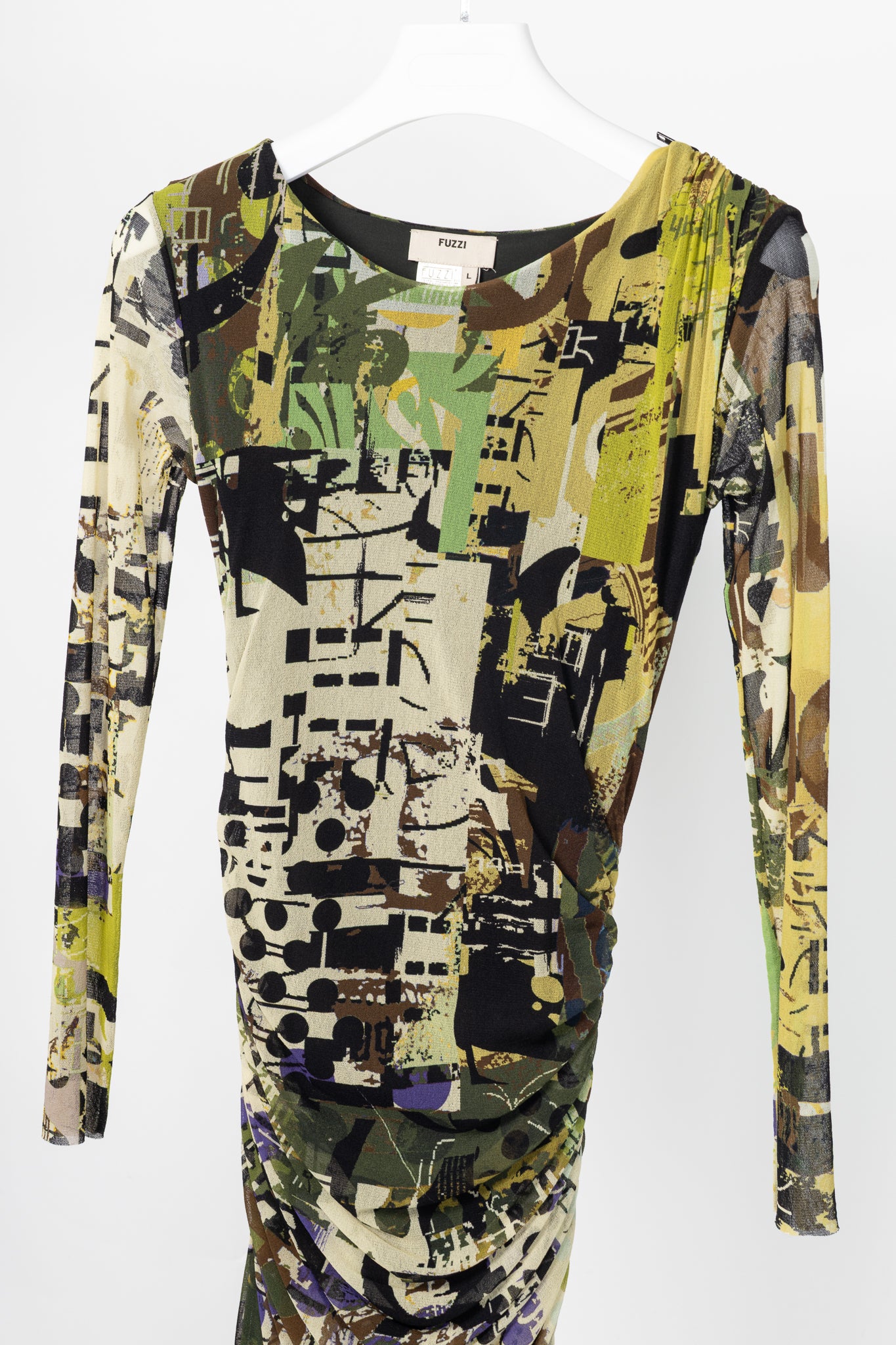 Fuzzi Green Abstract-Print Mesh Bodycon Midi Dress