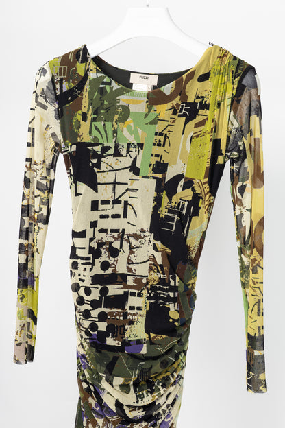 Fuzzi Green Abstract-Print Mesh Bodycon Midi Dress