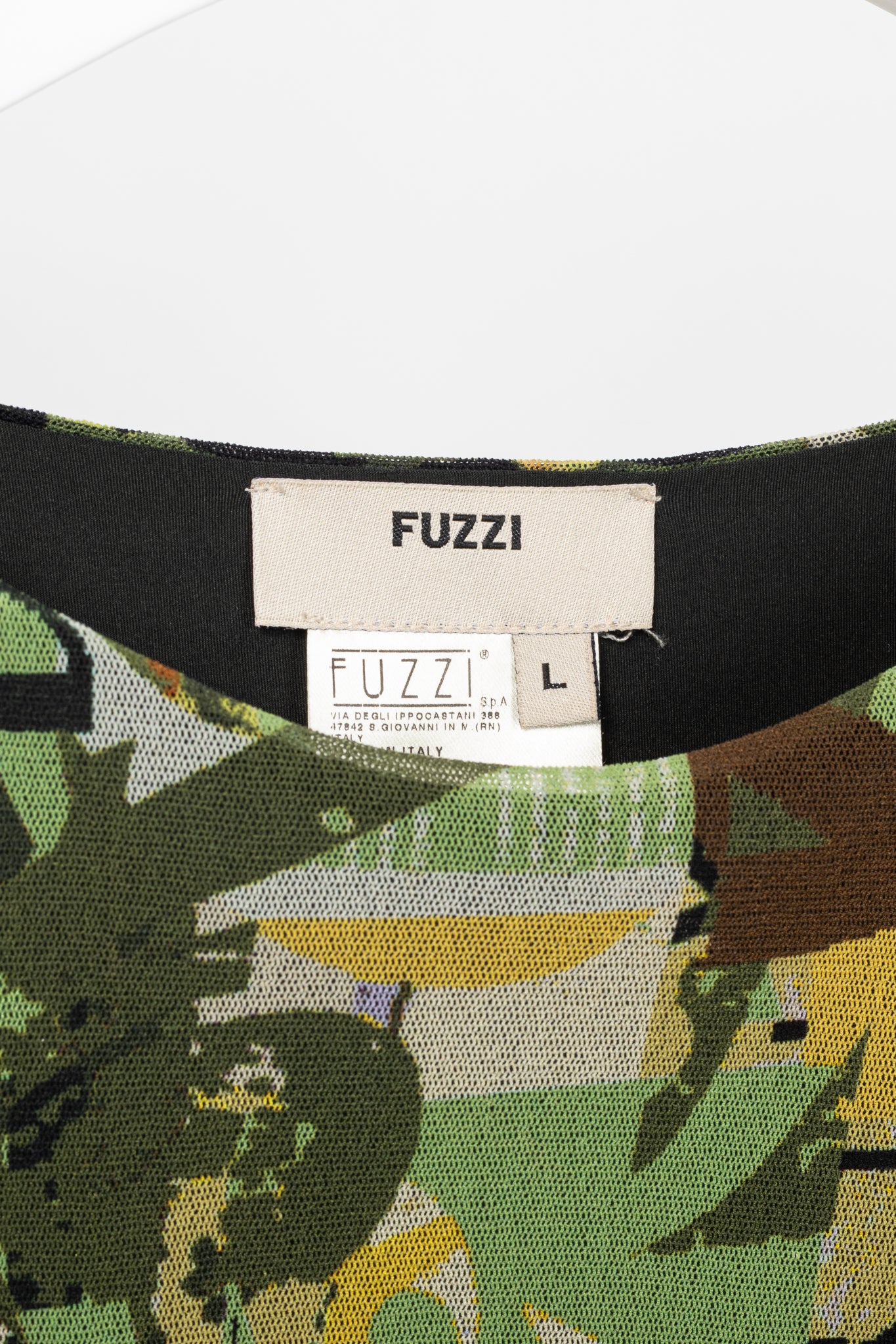 Fuzzi Green Abstract-Print Mesh Bodycon Midi Dress