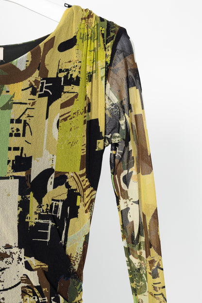 Fuzzi Green Abstract-Print Mesh Bodycon Midi Dress
