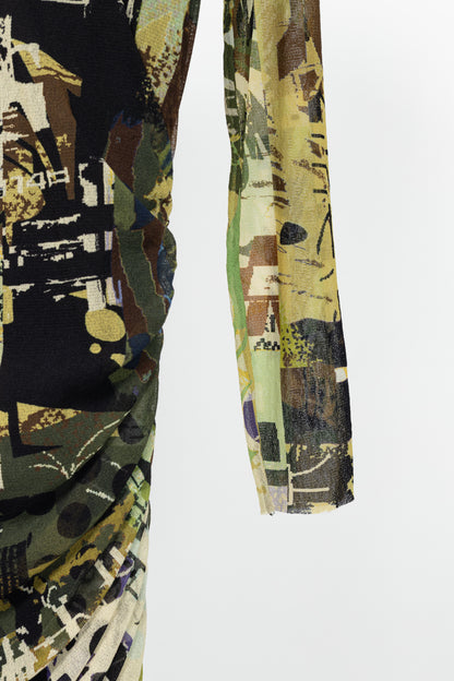Fuzzi Green Abstract-Print Mesh Bodycon Midi Dress