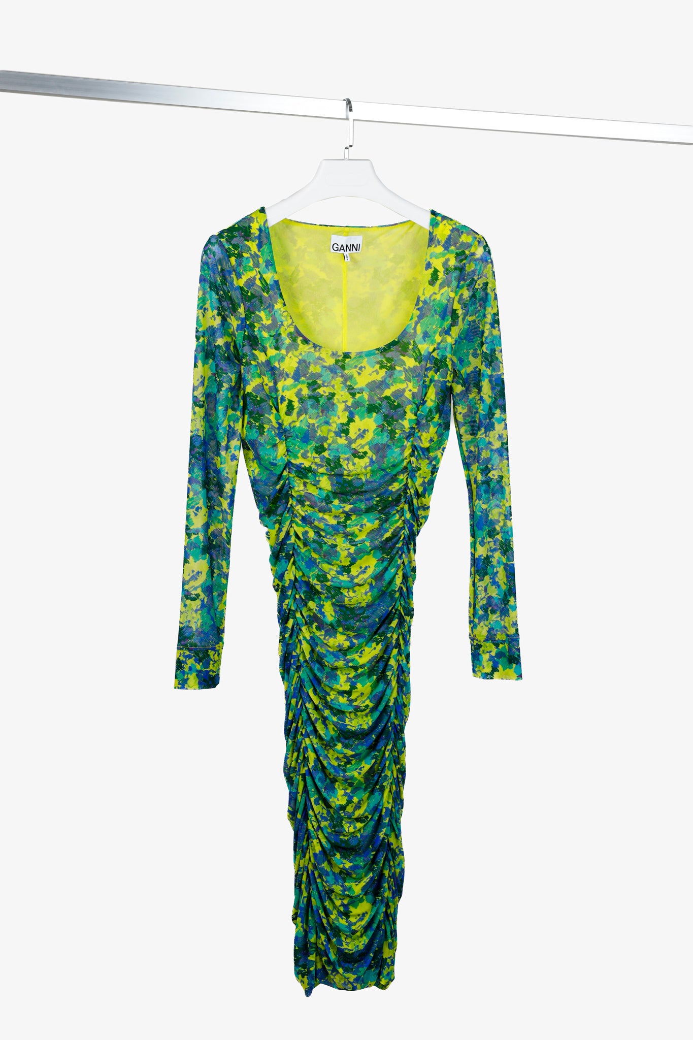 Ganni Green Ruched Printed Mesh Midi Dress