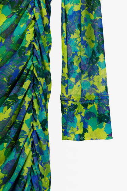 Ganni Green Ruched Printed Mesh Midi Dress