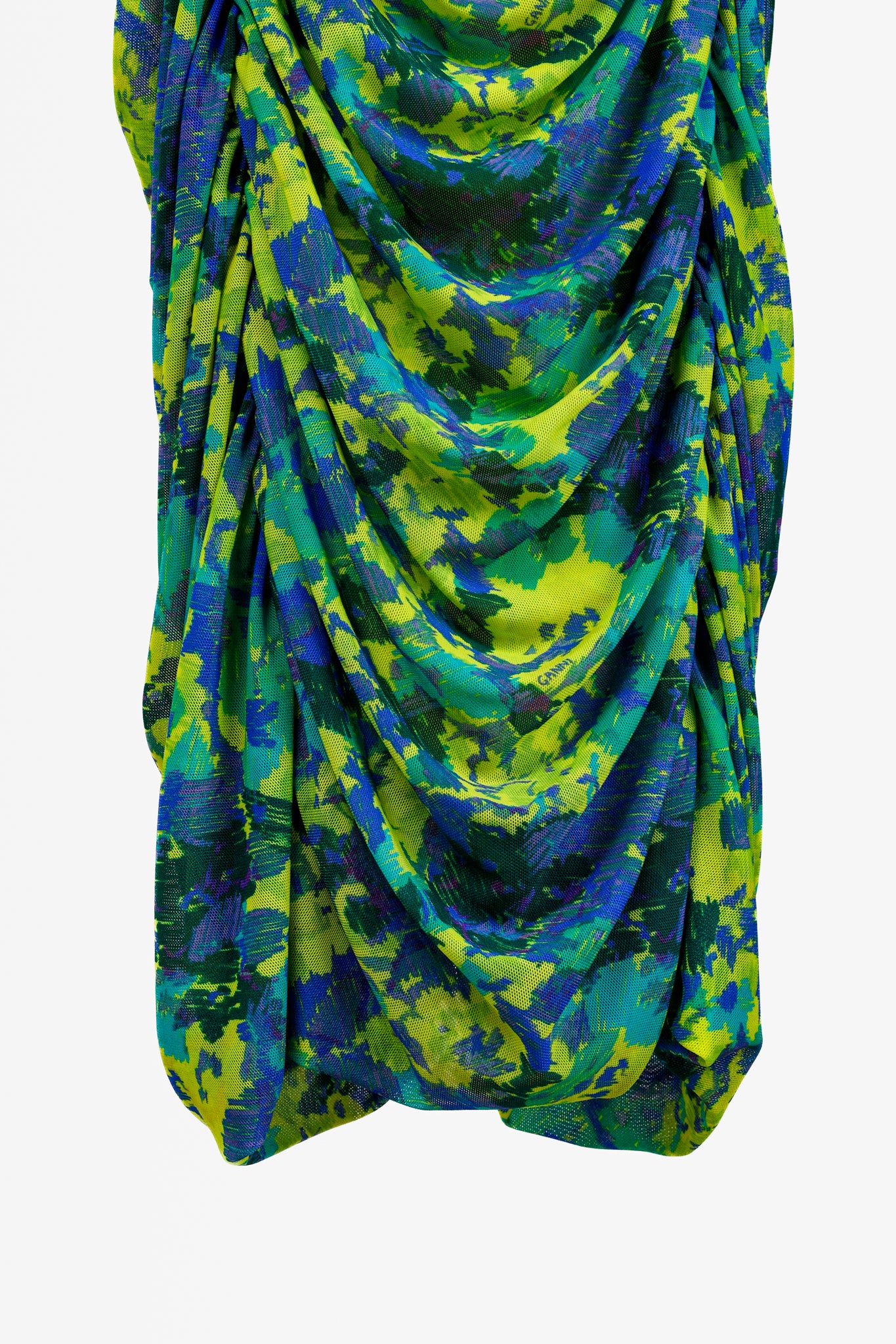 Ganni Green Ruched Printed Mesh Midi Dress