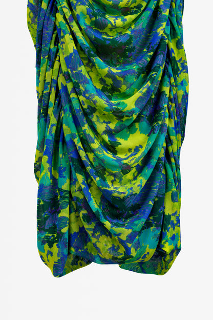 Ganni Green Ruched Printed Mesh Midi Dress