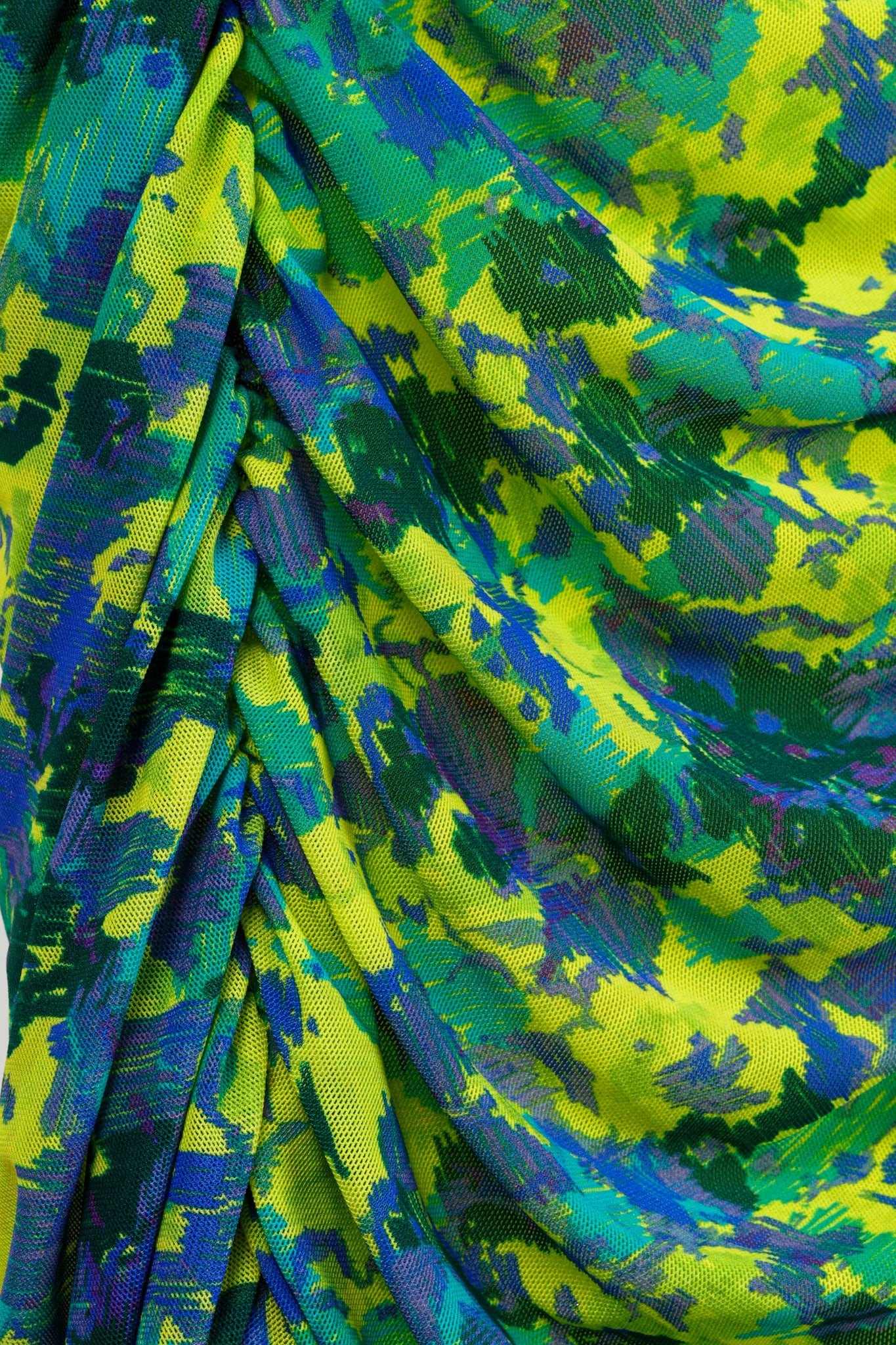 Ganni Green Ruched Printed Mesh Midi Dress