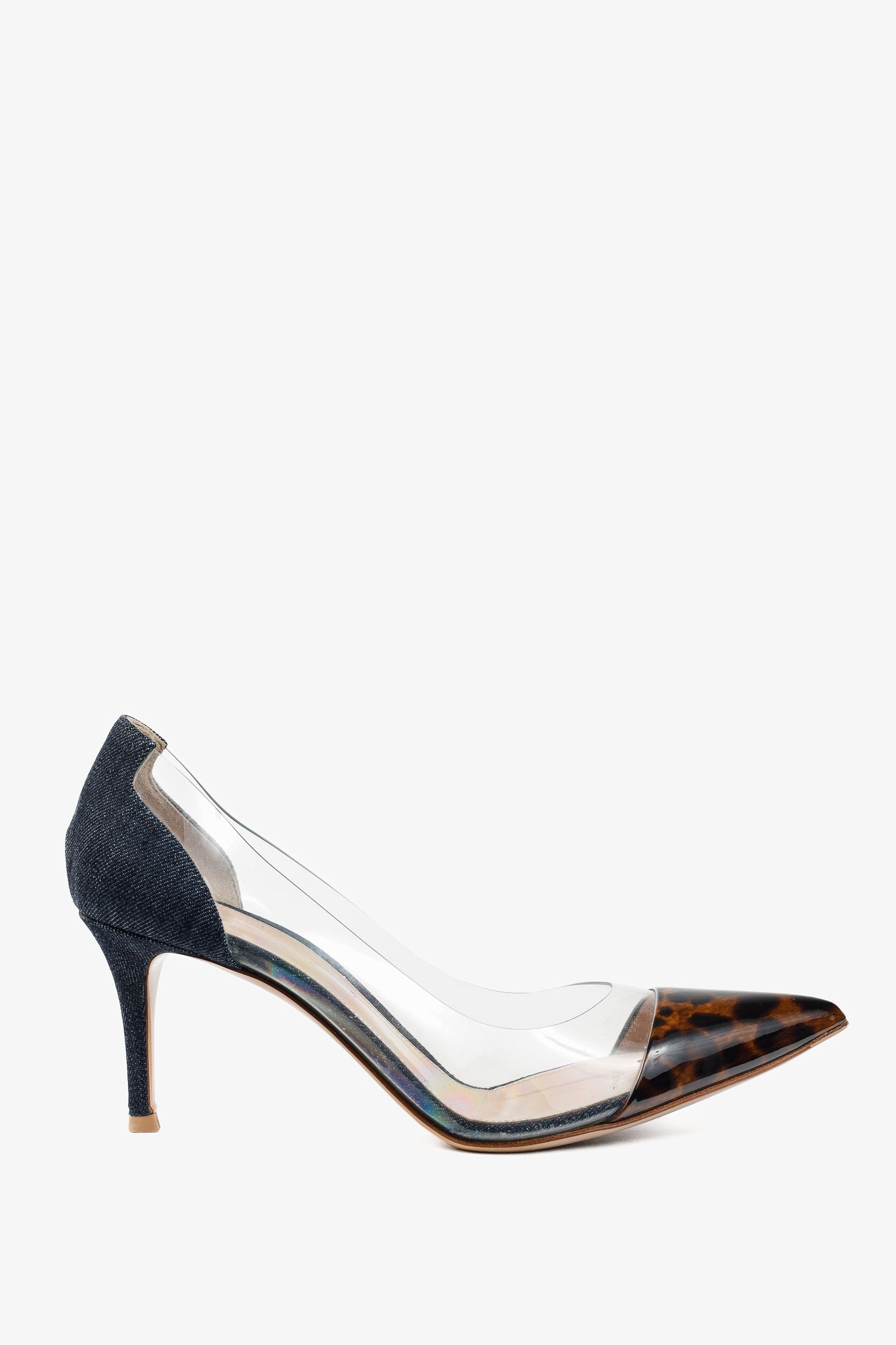 Gianvito Rossi Plexi 70 Blue Denim & Patent Leopard Pointed-Toe Heels