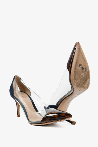 Gianvito Rossi Plexi 70 Blue Denim & Patent Leopard Pointed-Toe Heels