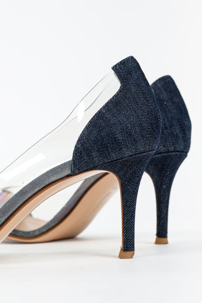 Gianvito Rossi Plexi 70 Blue Denim & Patent Leopard Pointed-Toe Heels