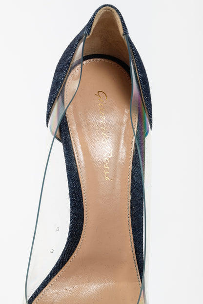 Gianvito Rossi Plexi 70 Blue Denim & Patent Leopard Pointed-Toe Heels