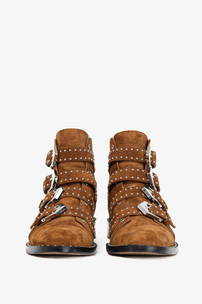 Givenchy Elegant Prue Brown Suede Studded Buckle Ankle Boots