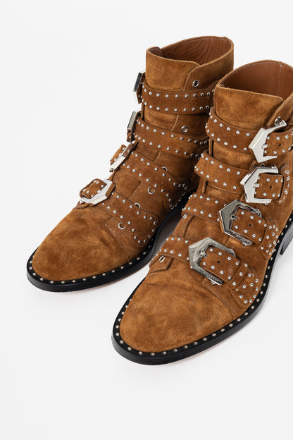 Givenchy Elegant Prue Brown Suede Studded Buckle Ankle Boots