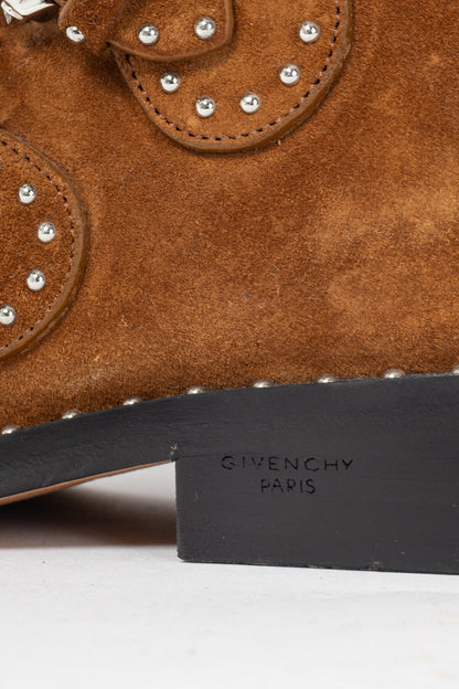 Givenchy Elegant Prue Brown Suede Studded Buckle Ankle Boots
