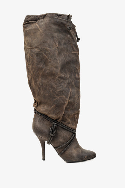 Givenchy Taupe Grey Wax Textured Leather Knotted-Rope Heeled Boots