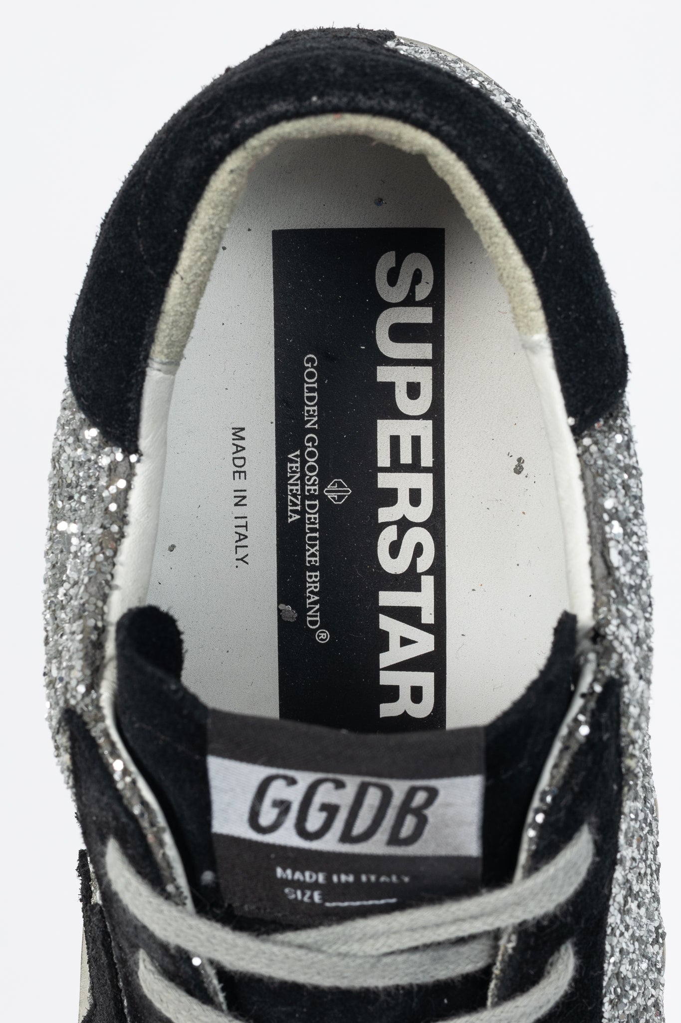 Golden Goose Superstar Silver Glitter & Black Suede Star Sneakers