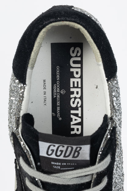 Golden Goose Superstar Silver Glitter & Black Suede Star Sneakers