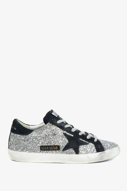 Golden Goose Superstar Silver Glitter & Black Suede Star Sneakers