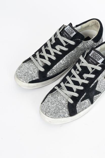 Golden Goose Superstar Silver Glitter & Black Suede Star Sneakers